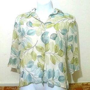Button Top shirt sheer blouse leaf Short Sleeve Elbow Length Ivory Built In cami